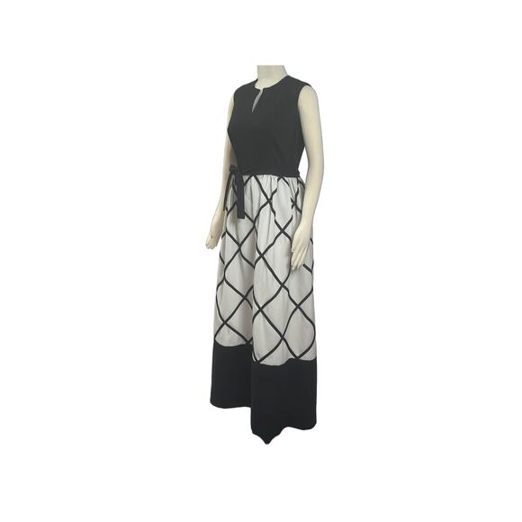 1970s Black & White Diamond Pattern Sleeveless Maxi Hostess Patio Dress Gown - Picture 5 of 7